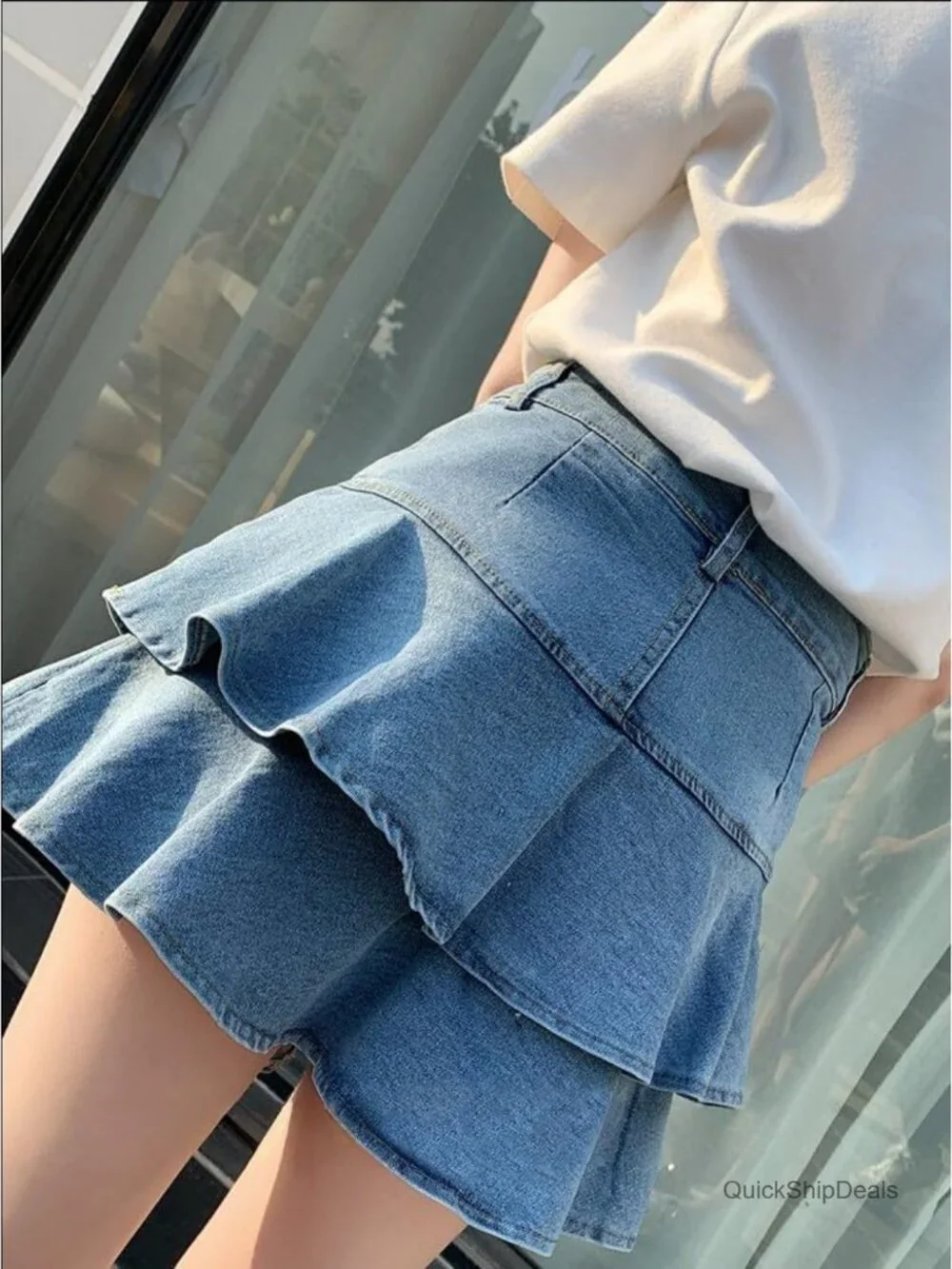 High Waisted Tiered Ruffle Denim Mini Skirt A-Line Skater Short Skort